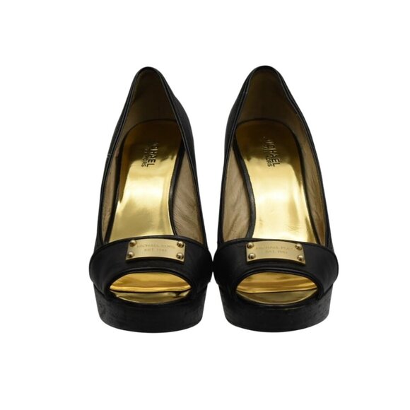 Michael Kors Peep Toe Platform High Heels Shoes 10 Black Leather Gold Logo Plate - Picture 6 of 6